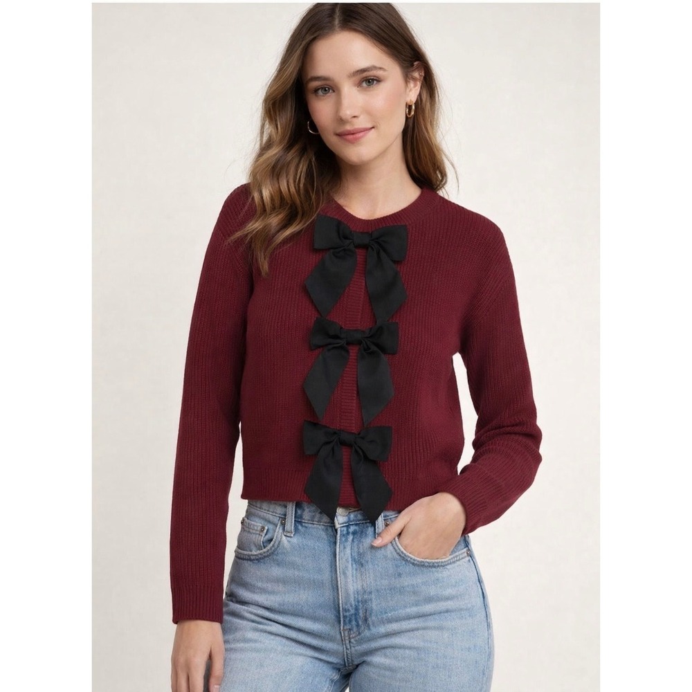 Commense Burgundy Ribbed Cardigan Black Bows Button Front Womens Size M